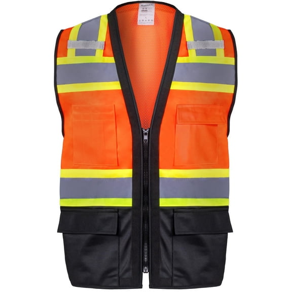 ProtectX 6 Pockets High Visibility Zipper Front Safety Vest with Reflective Tape Strips, Lightweight & Solid Front Mesh Back, ANSI/ISEA Certified Class 2, Lime Orange-Black - Medium