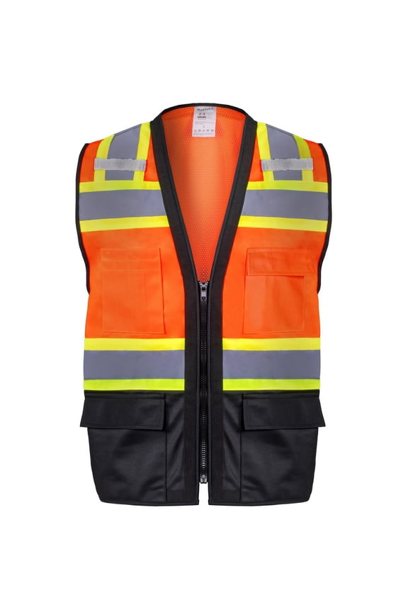 6 Pockets High Visibility Zipper Front Safety Vest with Reflective Tape Strips, Lightweight & Solid Front Mesh Back, ANSI/ISEA Certified Class 2, Lime Orange-Black - Large