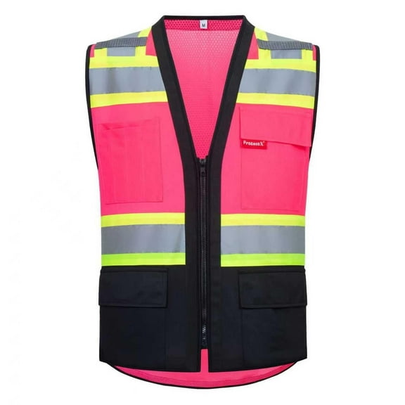 ProtectX 6 Pockets High Visibility Zipper Front Safety Vest with Reflective Tape Strips, Lightweight & Solid Front Mesh Back, ANSI/ISEA Certified Class 2, Pink - 4X-Large