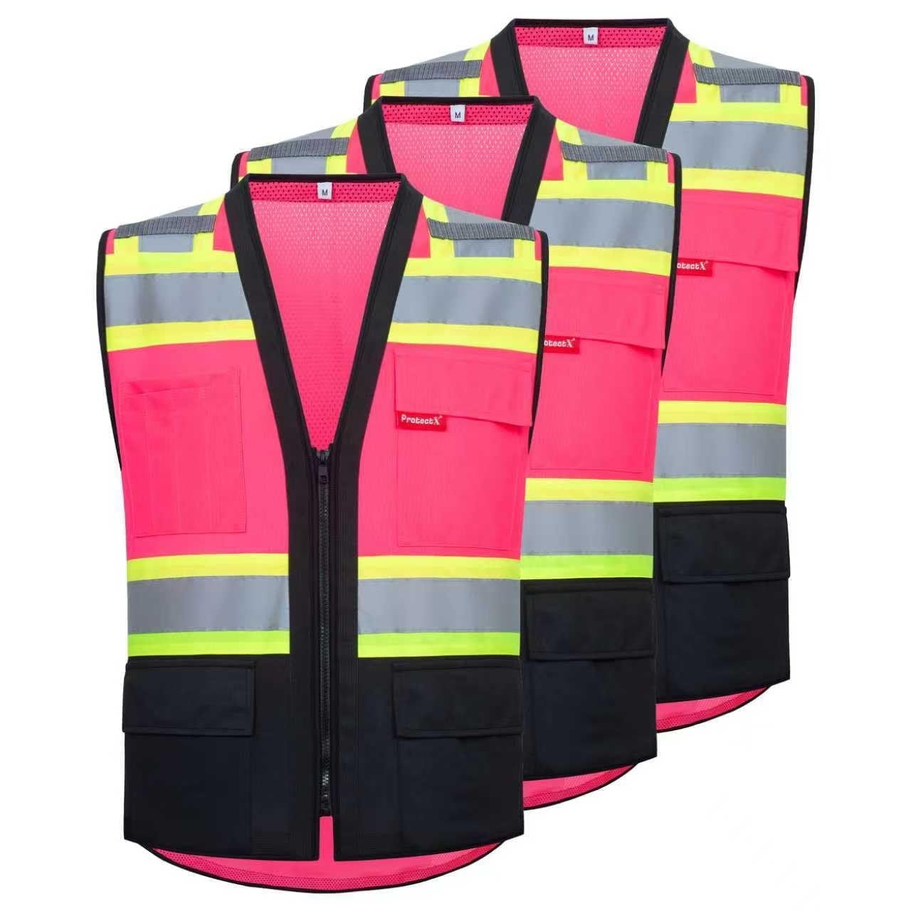ProtectX 6 Pockets High Visibility Zipper Front Safety Vest with Reflective Tape Strips, Lightweight & Solid Front Mesh Back, ANSI/ISEA Certified Class 2, Pink - Large