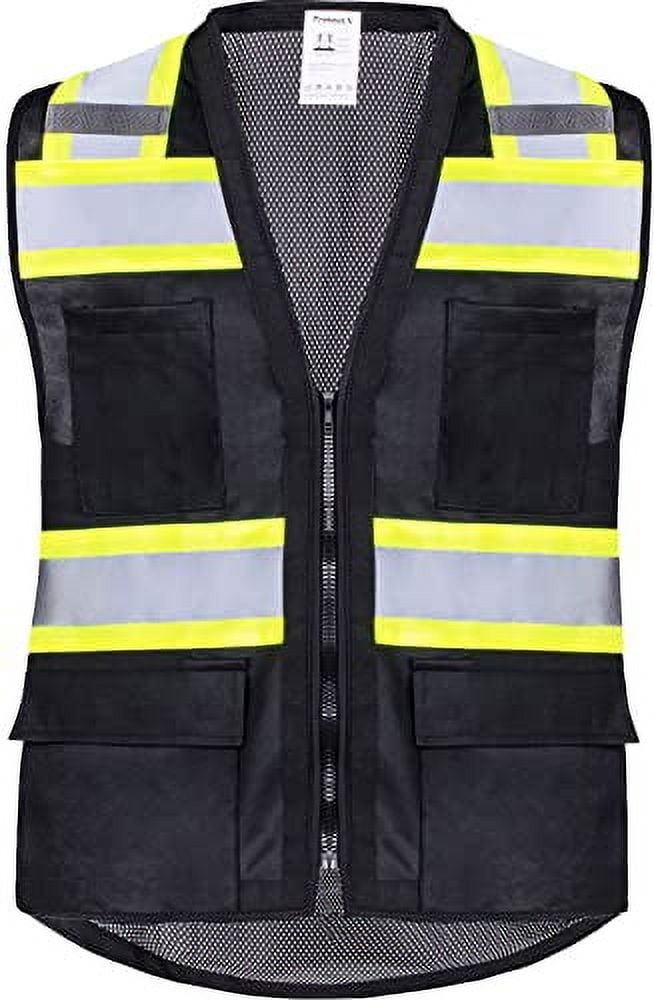 ProtectX 6 Pockets High Visibility Zipper Front Safety Vest with Reflective Tape Strips, Lightweight & Solid Front Mesh Back, ANSI/ISEA Certified Class 2, Black - Small