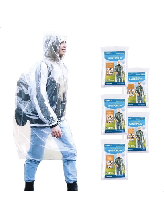 Disposable Rain Poncho, Premium Material, Elastic Cuffs and Drawstring Hood, Universal Adult Size, Ultra-Durability, 5 Pack