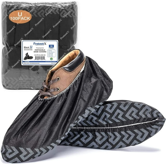 ProtectX Disposable Shoe & Boot Covers, 100-pack (50 pairs), Slip Resistant, Boot & Shoe Covers, Durable Polypropylene, Black, Fits up to Men’s 14 US Size and All Women’s US Size Shoes…