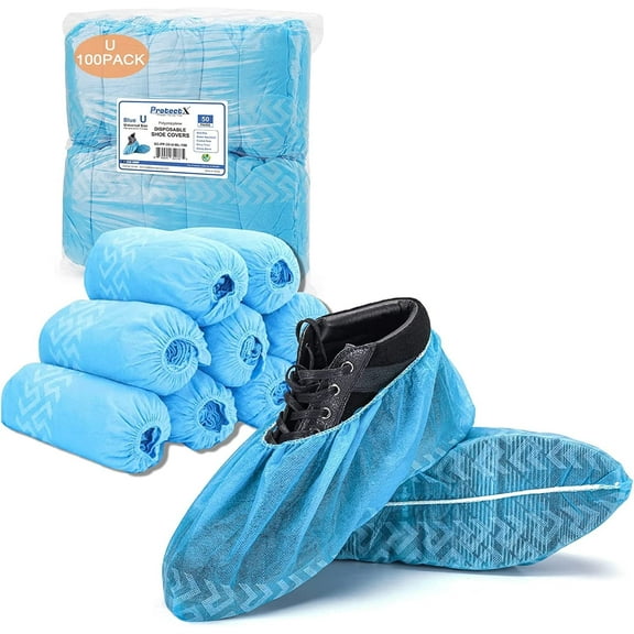 ProtectX Disposable Shoe & Boot Covers, 100-pack (50 pairs), Slip Resistant, Boot & Shoe Covers, Durable Polypropylene, Blue, Fits up to Men’s 10.5 US Size and Women’s 12 US Size Shoes…