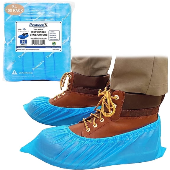 ProtectX Disposable Shoe & Boot Covers Waterproof Slip Resistant Durable, 50 Pairs Blue, XL (100 Count)
