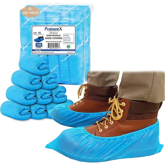 ProtectX Disposable Shoe & Boot Covers, XL Extra Large, 200-pack (100 pairs), Waterproof, Slip Resistant, Durable CPE plastic, Fits up to Men’s 14 US Size and All Women’s US Size Shoes