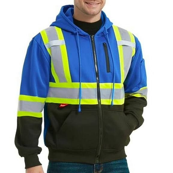 ProtectX High Visibility Safety Sweatshirt for Women Men, Class 3 Hi Vis Hoodie with large Pocket, Hooded Full-Zip Reflective Sweatshirt for Work & Construction, Blue, 3X-Large