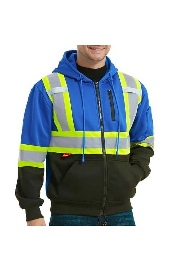 High Visibility Safety Sweatshirt for Women Men, Class 3 Hi Vis Hoodie with large Pocket, Hooded Full-Zip Reflective Sweatshirt for Work & Construction, Blue, XX-Large