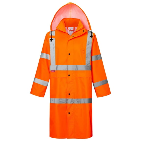 ProtectX High Visibility Waterproof Rain Coat for Men, Reflective One-piece Rain Jacket, Heavy Duty Long Rain Suit, Hi Vis Safety Gear with 300D Oxford, Orange, X-Large