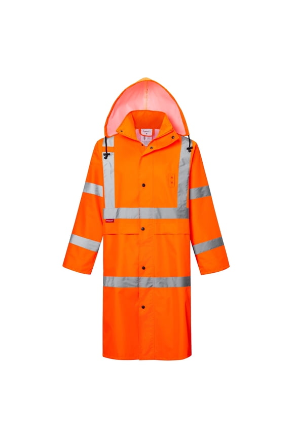 High Visibility Waterproof Rain Coat for Men, Reflective One-piece Rain Jacket, Heavy Duty Long Rain Suit, Hi Vis Safety Gear with 300D Oxford, Orange, X-Large
