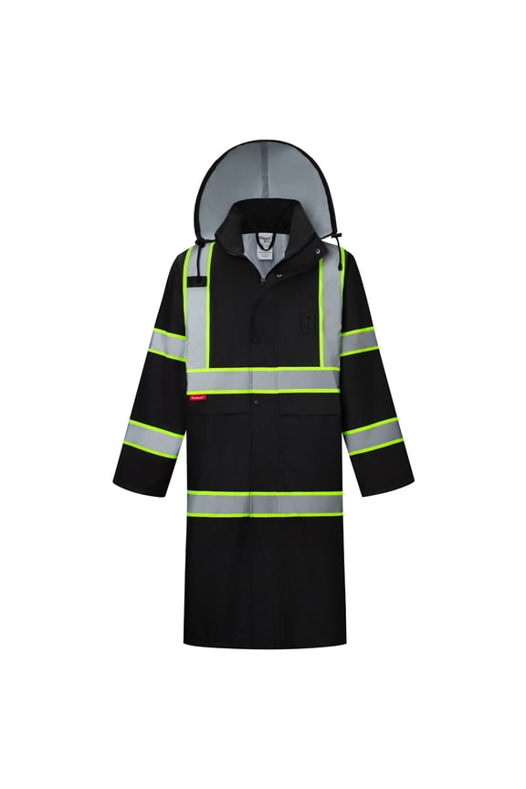 High Visibility Waterproof Rain Coat for Men, Reflective One-piece Rain Jacket, Heavy Duty Long Rain Suit, Hi Vis Safety Gear with 300D Oxford, Black, X-Large