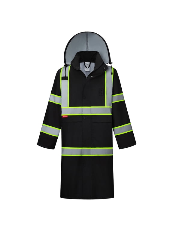High Visibility Waterproof Rain Coat for Men, Reflective One-piece Rain Jacket, Heavy Duty Long Rain Suit, Hi Vis Safety Gear with 300D Oxford, Black, Large