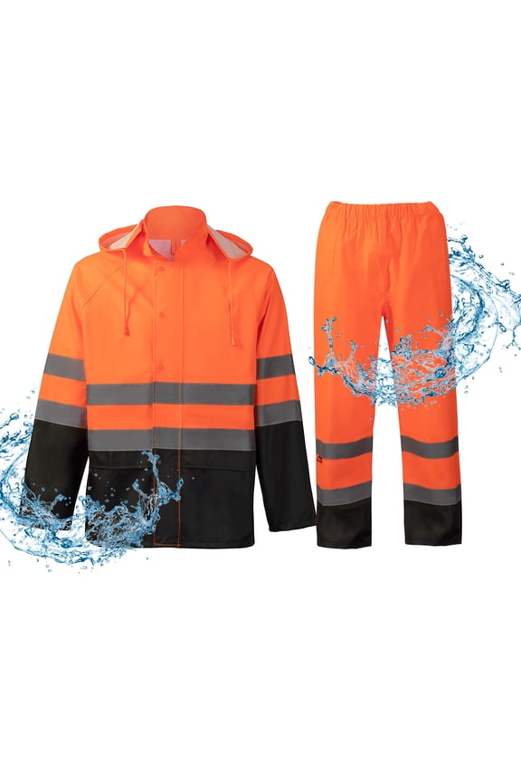 Hi Vis Safety Rain Jacket and Pants, Waterproof Reflective Rain Gear for Farming Fishing Work, Men Women Rain Suit with Inner Mesh Lining and Pockets, Orange