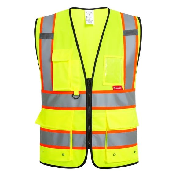 ProtectX Hi Vis Reflective Safety Vest for Men Women High Visibility Construction Work Vest with Pockets Zipper Class 2 Neon Green Large