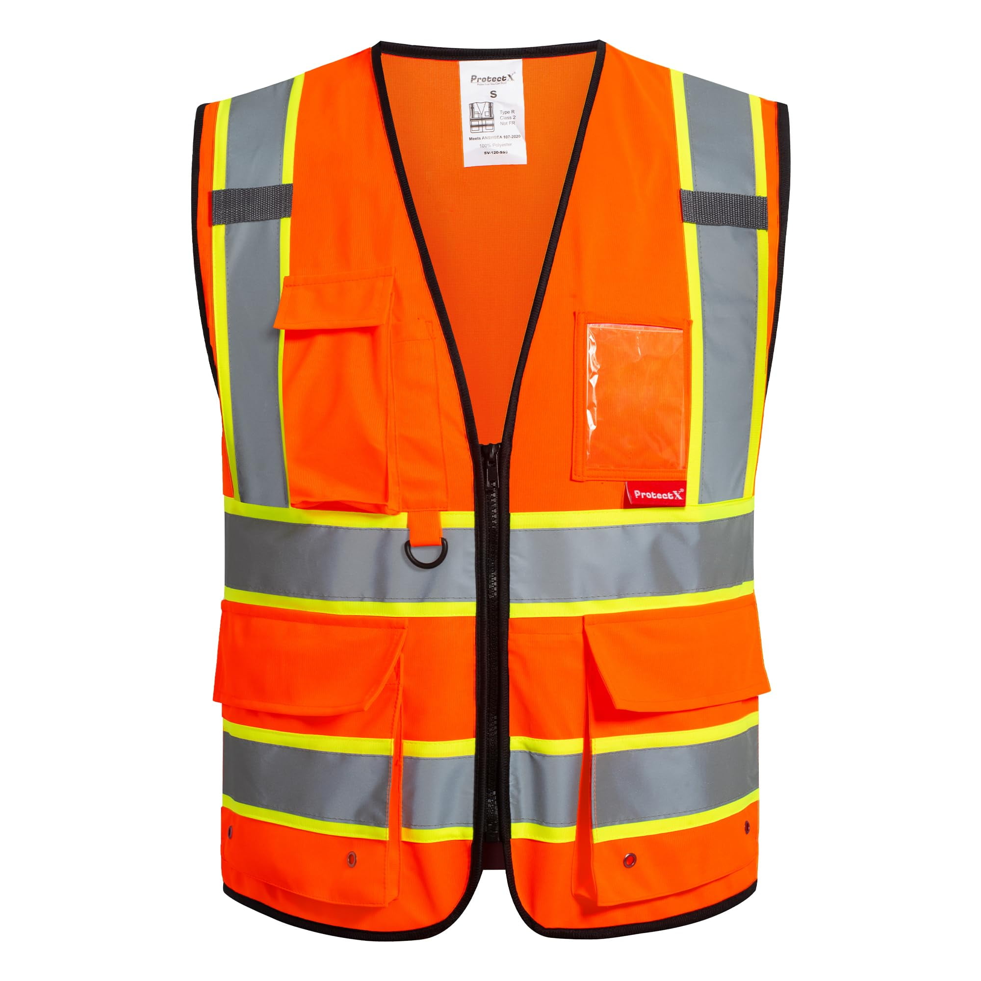 ProtectX Hi Vis Reflective Safety Vest for Men Women High Visibility Construction Work Vest with Pockets Zipper Class 2 Orange Large