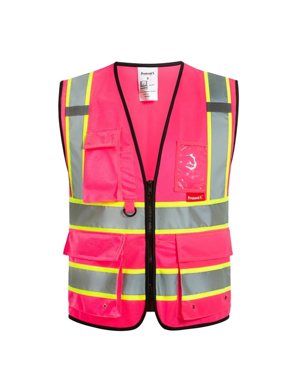 Hi Vis Reflective Safety Vest for Men Women High Visibility Construction Work Vest with Pockets Zipper Class 2 Pink Medium