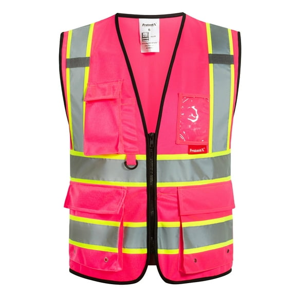 ProtectX Hi Vis Reflective Safety Vest for Men Women High Visibility Construction Work Vest with Pockets Zipper Class 2 Pink X-Large