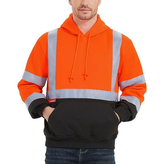 ProtectX Hi Vis Safety Hoodie for Men Women, Class 3 Reflective High Visibility Sweatshirt with Large Pocket, Long Sleeve Hooded Drawstring Pullover for Work & Construction, Orange, X Large
