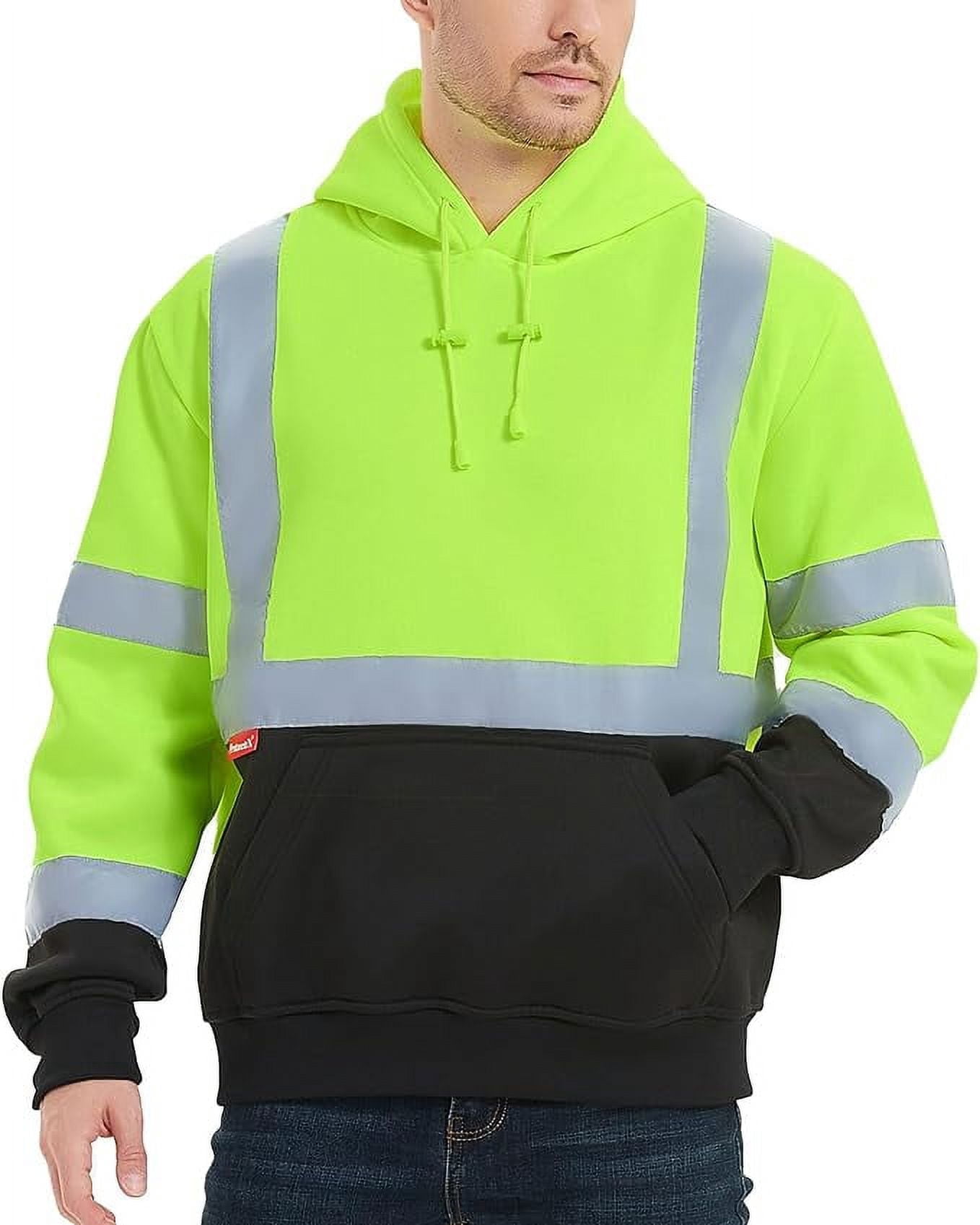 ProtectX Hi Vis Safety Hoodie for Men Women, Class 3 Reflective High Visibility Sweatshirt with Large Pocket, Long Sleeve Hooded Drawstring Pullover for Work & Construction, Green, X Large