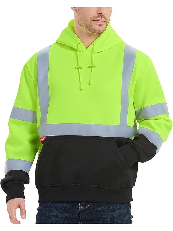 Hi Vis Safety Hoodie for Men Women, Class 3 Reflective High Visibility Sweatshirt with Large Pocket, Long Sleeve Hooded Drawstring Pullover for Work & Construction, Green, X Large