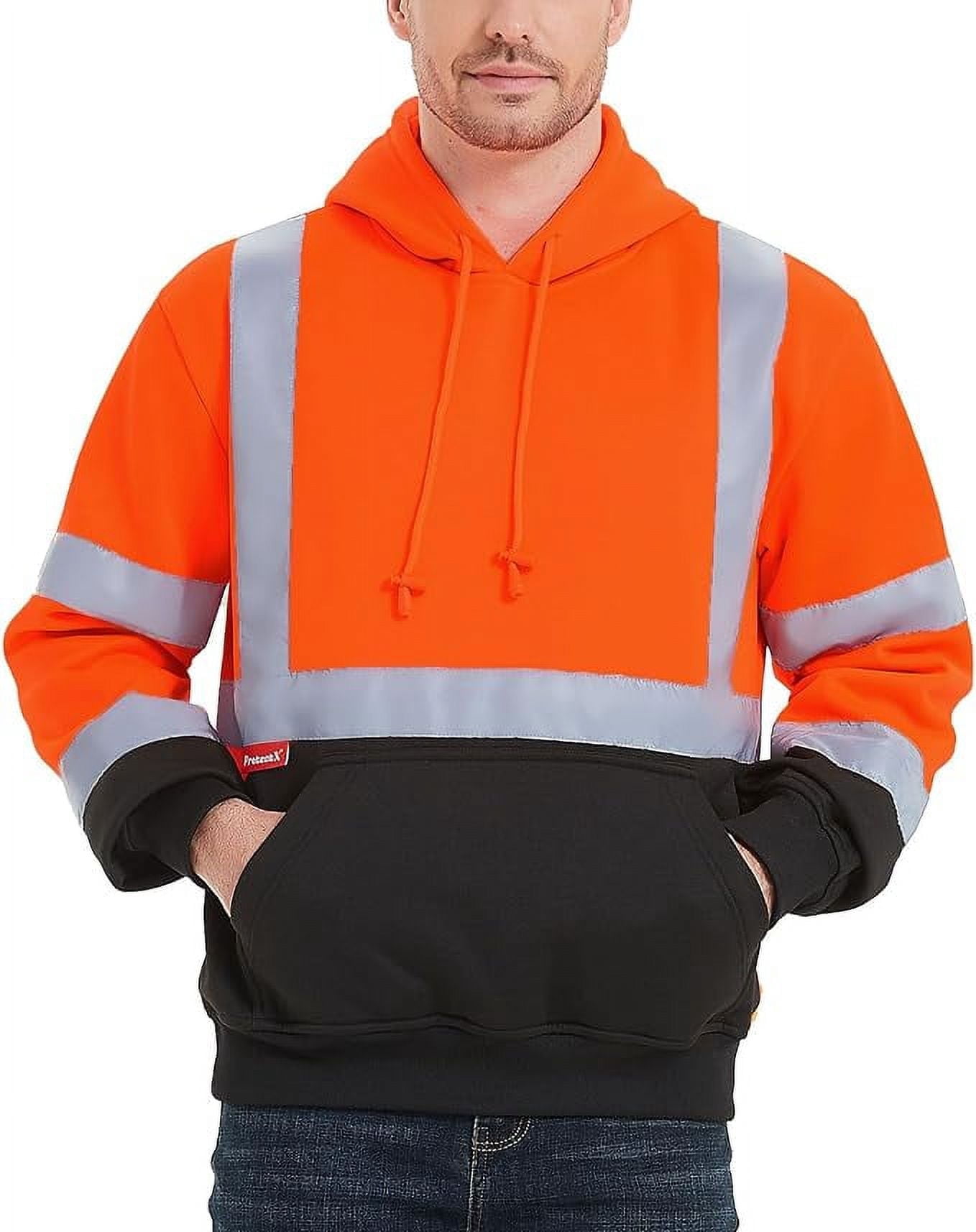 ProtectX Hi Vis Safety Hoodie for Men Women, Class 3 Reflective High Visibility Sweatshirt with Large Pocket, Long Sleeve Hooded Drawstring Pullover for Work & Construction, Orange, Medium