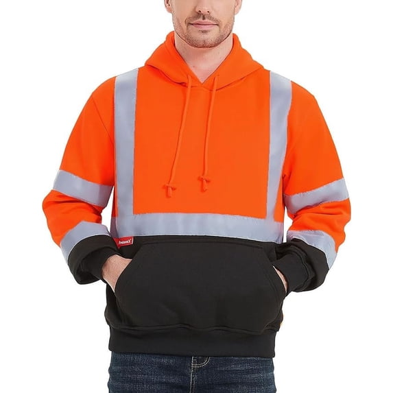 ProtectX Hi Vis Safety Hoodie for Men Women, Class 3 Reflective High Visibility Sweatshirt with Large Pocket, Long Sleeve Hooded Drawstring Pullover for Work & Construction, Orange, Medium