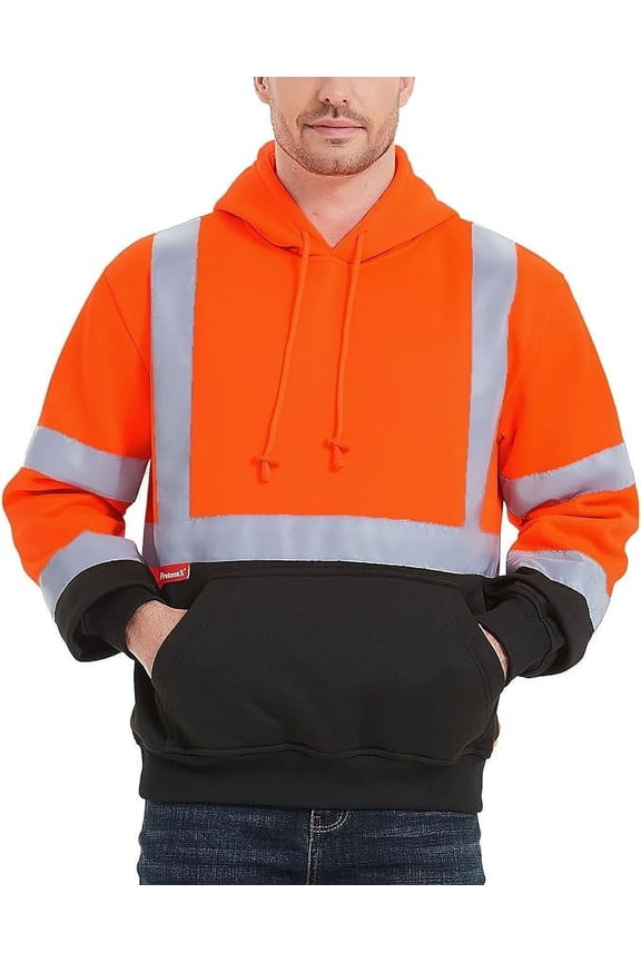 Hi Vis Safety Hoodie for Men Women, Class 3 Reflective High Visibility Sweatshirt with Large Pocket, Long Sleeve Hooded Drawstring Pullover for Work & Construction, Orange, Medium