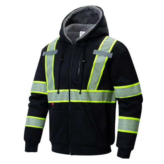 ProtectX Hi Vis Safety Hoodie for Men Women Fleece Lined Class 3 High Visibility Sweatshirt Reflective Jacket Black 3X-Large