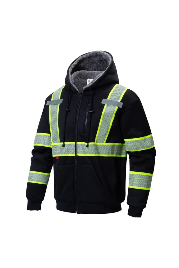 Hi Vis Safety Hoodie for Men Women Fleece Lined Class 3 High Visibility Sweatshirt Reflective Jacket Black Large