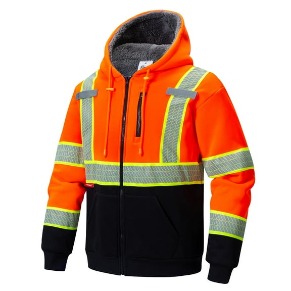 ProtectX Hi Vis Safety Hoodie for Men Women Fleece Lined Class 3 High Visibility Sweatshirt Reflective Jacket Orange 4X-Large