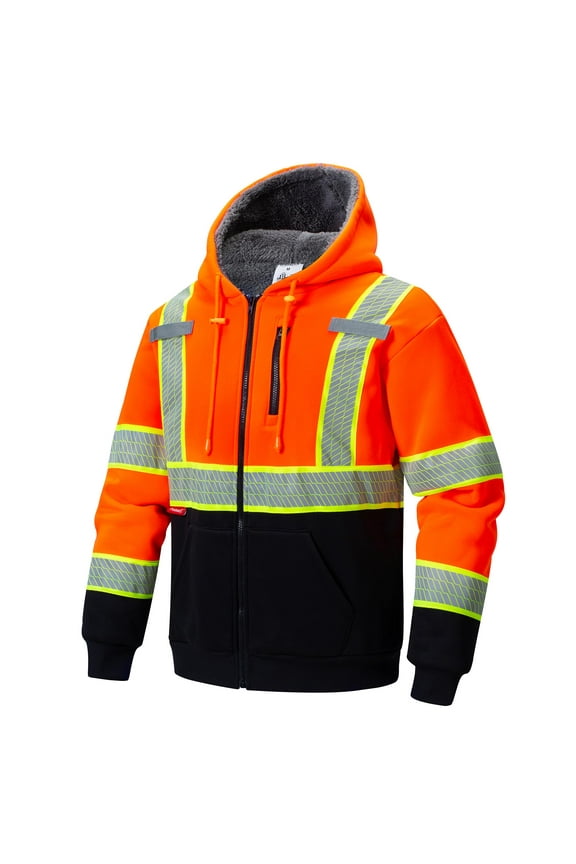 Hi Vis Safety Hoodie for Men Women Fleece Lined Class 3 High Visibility Sweatshirt Reflective Jacket Orange 4X-Large