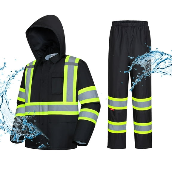 ProtectX Hi Vis Safety Rain Jacket and Pants, Waterproof Reflective Rain Gear for Farming Fishing Work, Men Women Rain Suit with Inner Mesh Lining and Pockets, Black