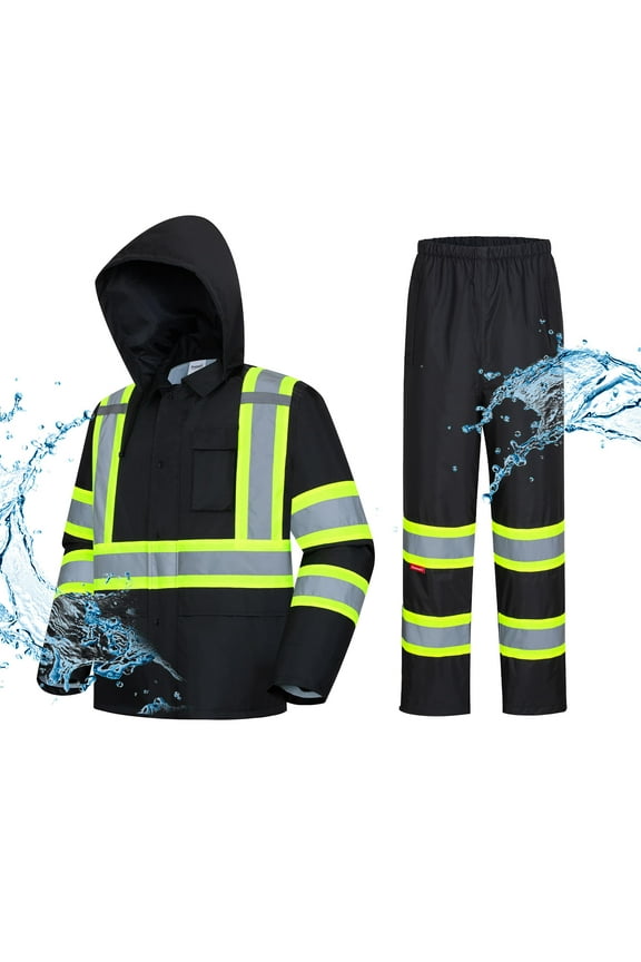 Hi Vis Safety Rain Jacket and Pants, Waterproof Reflective Rain Gear for Farming Fishing Work, Men Women Rain Suit with Inner Mesh Lining and Pockets, Black