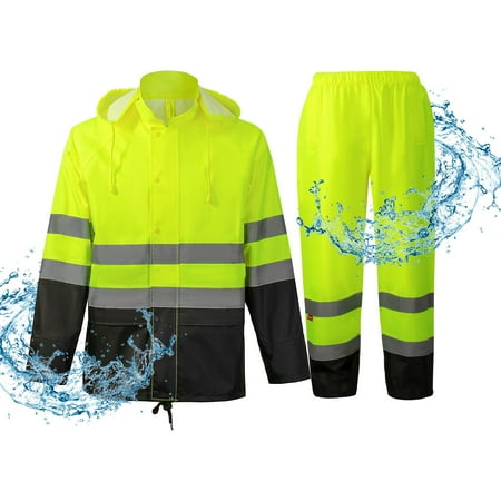 ProtectX Hi Vis Safety Rain Jacket and Pants, Waterproof Reflective Rain Gear for Farming Fishing Work, Men Women Rain Suit with Inner Mesh Lining and Pockets, Green