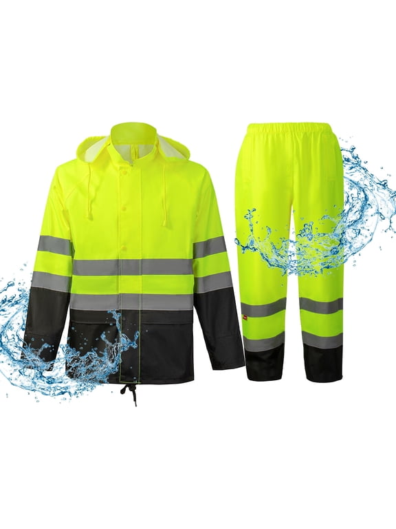 Hi Vis Safety Rain Jacket and Pants, Waterproof Reflective Rain Gear for Farming Fishing Work, Men Women Rain Suit with Inner Mesh Lining and Pockets, Green