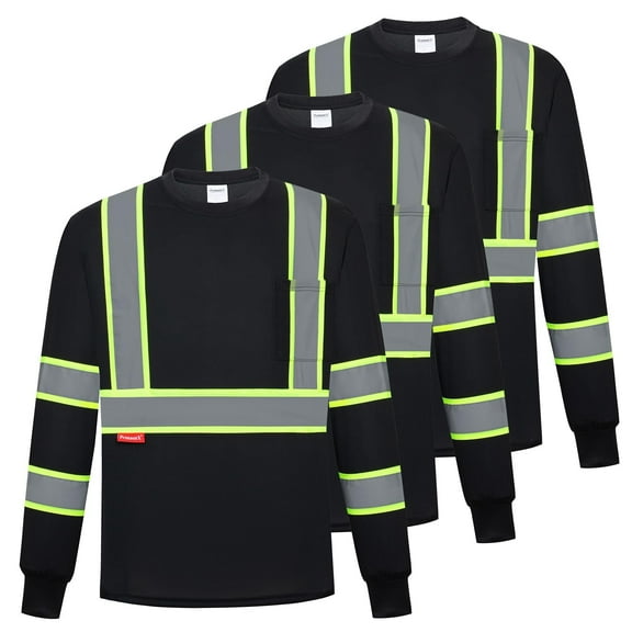 ProtectX 3-Pack Men's High Visibility Heavy Duty Breathable Long Sleeve Reflective Safety T-Shirts for Work Warehouse Construction, Class 2, Black - 3X Large