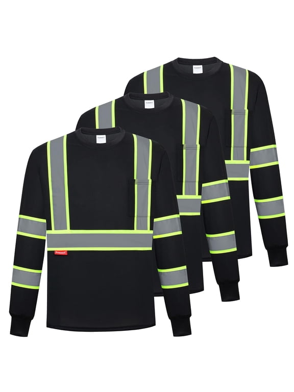 3-Pack Men's High Visibility Heavy Duty Breathable Long Sleeve Reflective Safety T-Shirts for Work Warehouse Construction, Class 2, Black - 3X Large