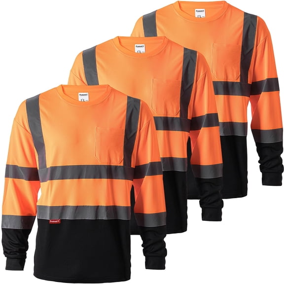 ProtectX 3-Pack Men's High Visibility Heavy Duty Breathable Long Sleeve Reflective Safety T-Shirts for Work Warehouse Construction, Class 2, Orange and Black - Large