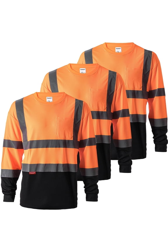 3-Pack Men's High Visibility Heavy Duty Breathable Long Sleeve Reflective Safety T-Shirts for Work Warehouse Construction, Class 2, Orange and Black - Large