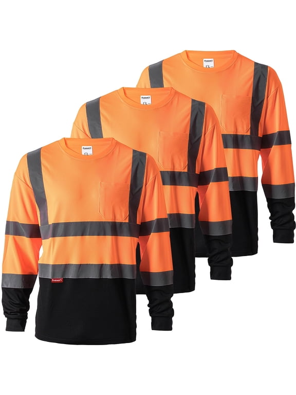 3-Pack Men's High Visibility Heavy Duty Breathable Long Sleeve Reflective Safety T-Shirts for Work Warehouse Construction, Class 2, Orange and Black - Medium