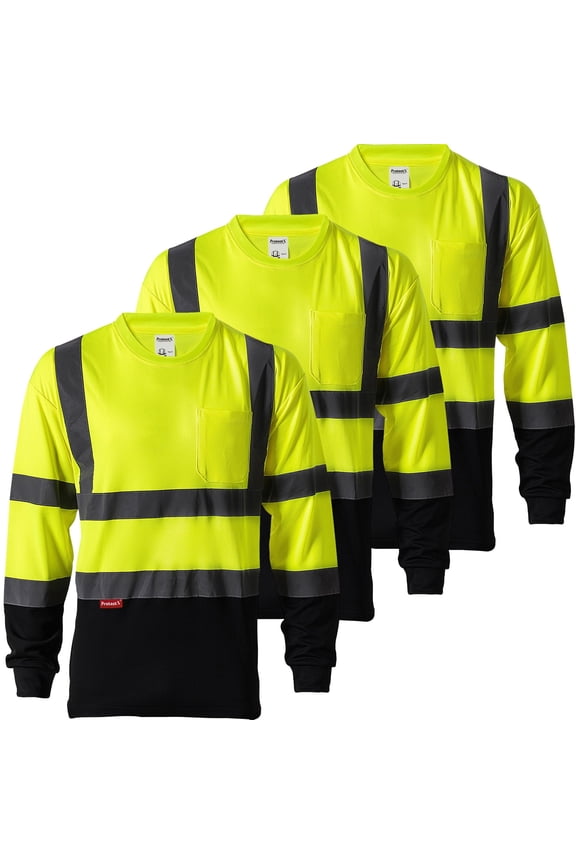 3-Pack Men's High Visibility Heavy Duty Breathable Long Sleeve Reflective Safety T-Shirts for Work Warehouse Construction, Class 2, Yellow - 3X Large