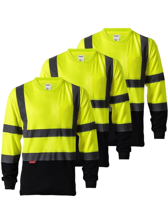 3-Pack Men's High Visibility Heavy Duty Breathable Long Sleeve Reflective Safety T-Shirts for Work Warehouse Construction, Class 2, Yellow - 3X Large