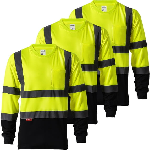 ProtectX 3-Pack Men's High Visibility Heavy Duty Breathable Long Sleeve Reflective Safety T-Shirts for Work Warehouse Construction, Class 2, Yellow - 4X Large