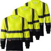 ProtectX 3-Pack Men's High Visibility Heavy Duty Breathable Long Sleeve Reflective Safety T-Shirts for Work Warehouse Construction, Class 2, Yellow - Medium
