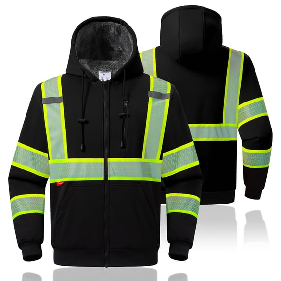 ProtectX High Vis Safety Hoddie Sweatshirt Jacket with Reflective Strips & Fleece Lined for Cold Weather Black Large