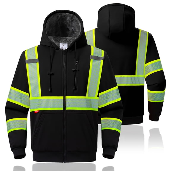 ProtectX High Vis Safety Hoddie Sweatshirt Jacket with Reflective Strips & Fleece Lined for Cold Weather Black Large