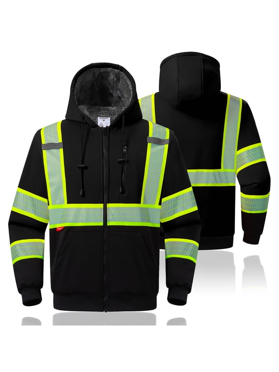High Vis Safety Hoddie Sweatshirt Jacket with Reflective Strips & Fleece Lined for Cold Weather Black Large