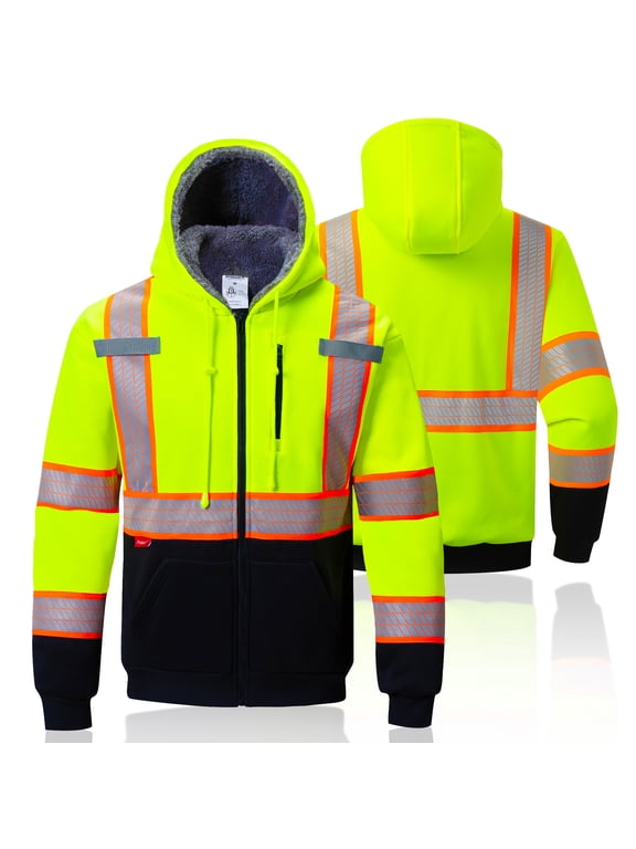High Vis Safety Hoddie Sweatshirt Jacket with Reflective Strips & Fleece Lined for Cold Weather Green 2X-Large