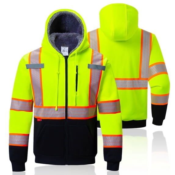 ProtectX High Vis Safety Hoddie Sweatshirt Jacket with Reflective Strips & Fleece Lined for Cold Weather Green Small