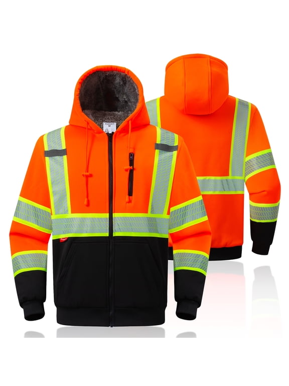 High Vis Safety Hoddie Sweatshirt Jacket with Reflective Strips & Fleece Lined for Cold Weather Orange Large